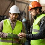 Two men wearing safety vests and hard hats